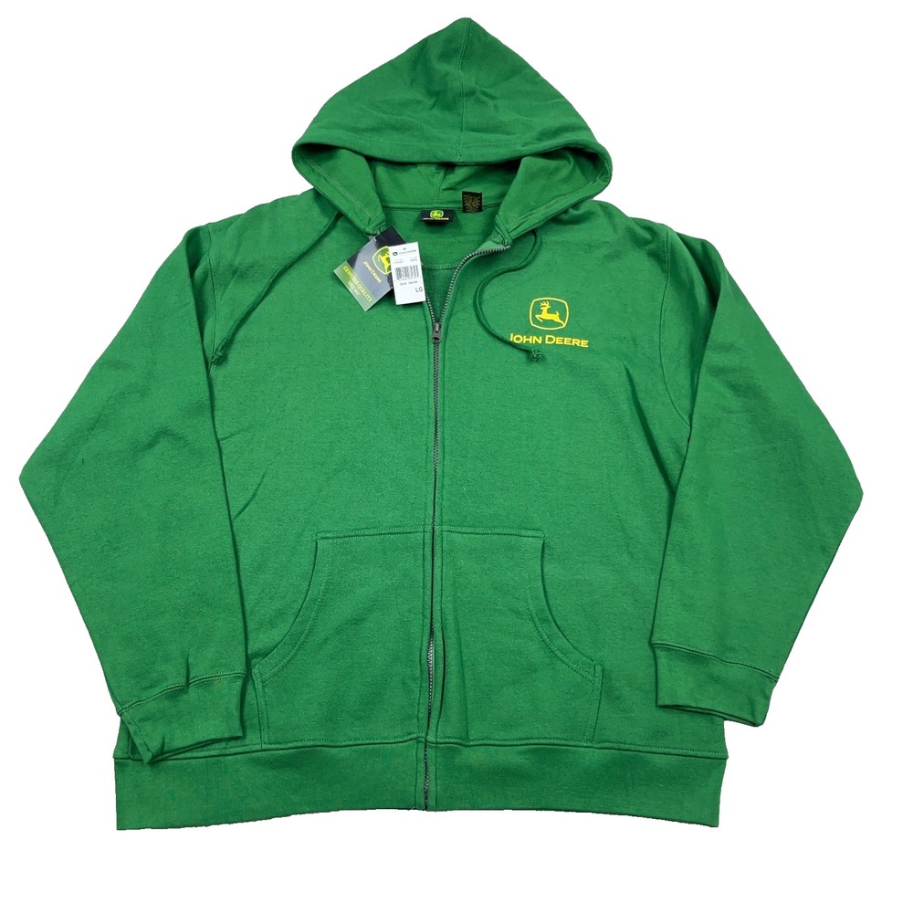 John Deere Hoodie Men Large Green Full Zip Jacket Farm Tractor Hooded Sweatshirt